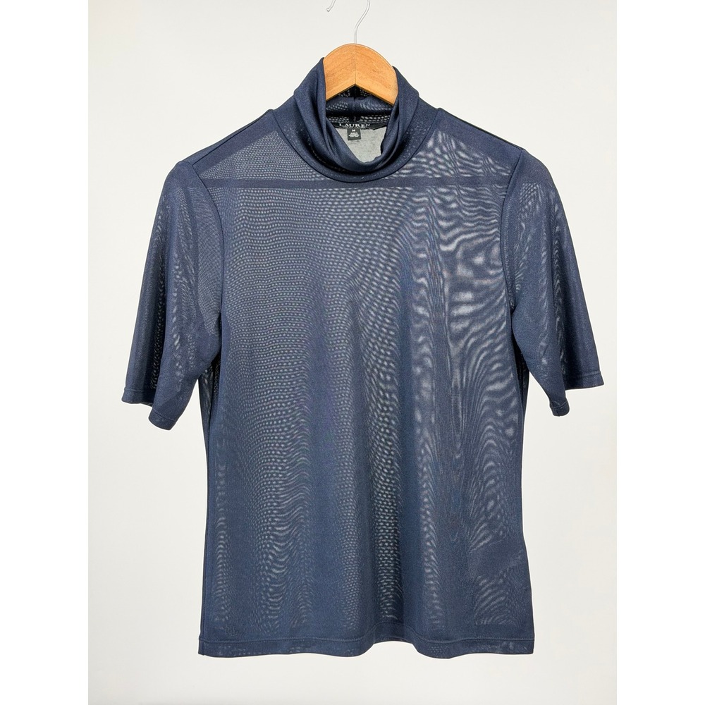 Lauren Ralph Lauren Womens M Navy Mesh Mock Neck Short Sleeve Top RLL